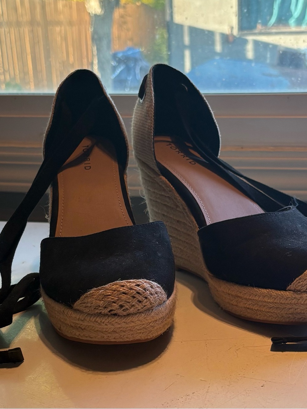 torrid Black Espadrille Wedge Sandals with Jute Wrap and Ankle Ties